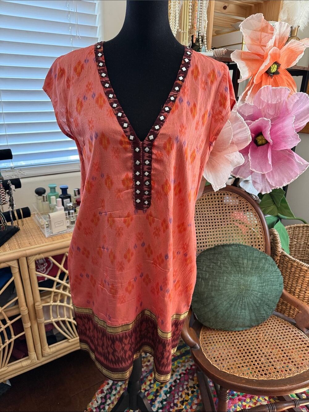 Calypso St Barth Lorada Coral Batik Silk Boho Resort Mini Shift Dress